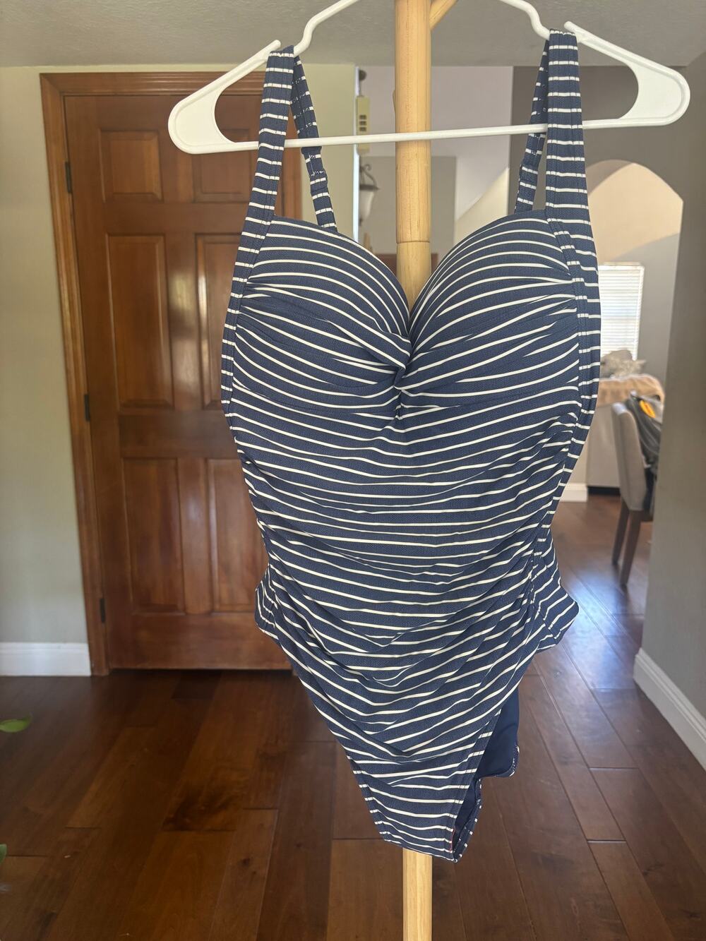 Niptuck Swim Navy Stripe One Piece Swimsuit Ruched Underwire Multi Fit Cup 10